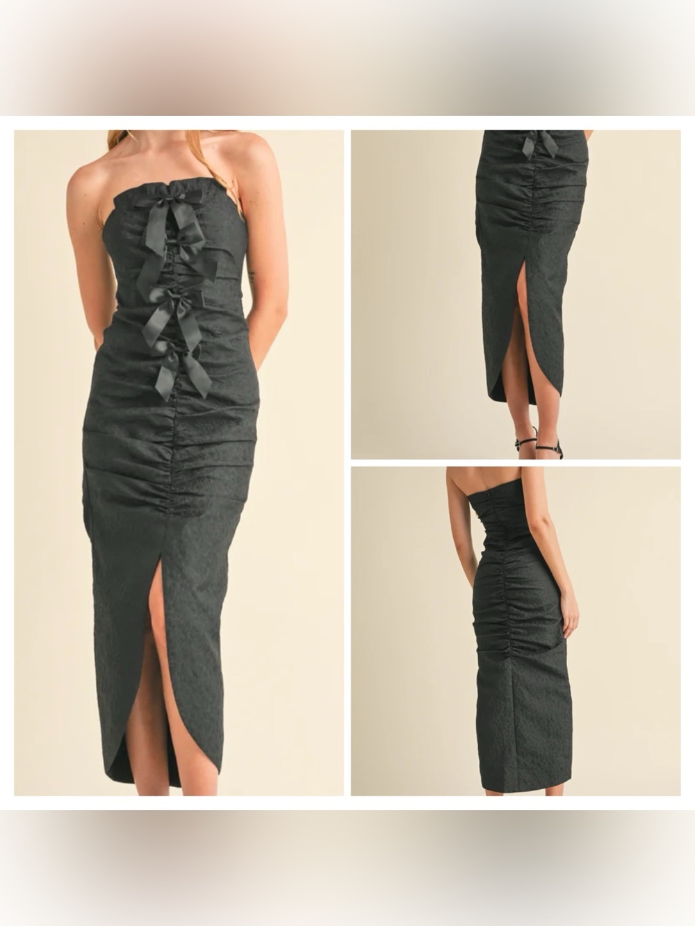 MABLE Franca Bow Detail Strapless Black Midi Dress -Wedding Guest -Sorority